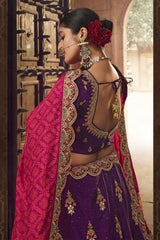 Purple Embroidered Butta Lehenga in Viscose with Elephant Motifs On Golden Border
