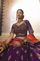 Purple Embroidered Butta Lehenga in Viscose with Elephant Motifs On Golden Border - red viscose saree embroidered