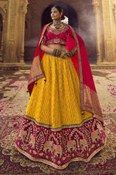 Mustard Woven Chevron Design Lehenga in Viscose with Elephant Motifs On Contrast Border