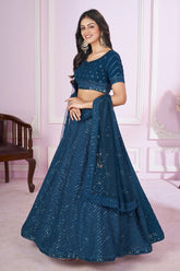 Rama Blue Georgette Sequin Embroidered Lehenga - red georgette saree embroidered