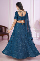 Rama Blue Georgette Sequin Embroidered Lehenga - red georgette saree embroidered