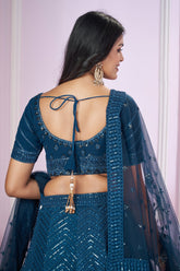 Rama Blue Georgette Sequin Embroidered Lehenga - red georgette saree embroidered