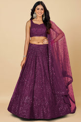 Wine Net Sequinned Lehenga