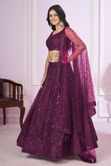 Wine Net Sequinned Lehenga