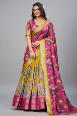 Mustard Art Silk Digital Printed Pleated Lehenga