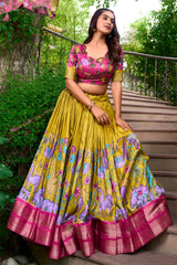Mustard Art Silk Digital Printed Pleated Lehenga
