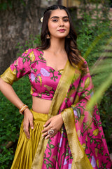 Mustard Art Silk Digital Printed Pleated Lehenga