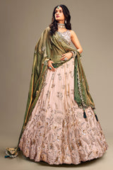 Teal Green Organza Floral Printed Lehenga with Sequins Border