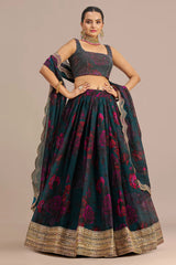 Teal Green Organza Floral Printed Lehenga with Sequins Border