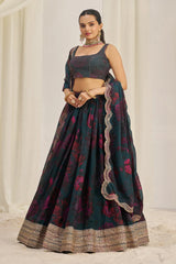 Teal Green Organza Floral Printed Lehenga with Sequins Border