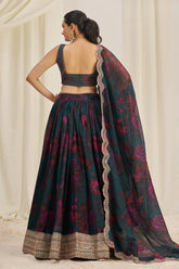 Teal Green Organza Floral Printed Lehenga with Sequins Border - green organza saree