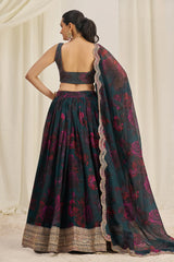 Teal Green Organza Floral Printed Lehenga with Sequins Border