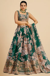 Dark Green Organza Floral Printed Lehenga with Sequins Border