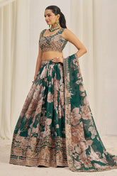 Dark Green Organza Floral Printed Lehenga with Sequins Border - green organza saree