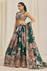 Dark Green Organza Floral Printed Lehenga with Sequins Border