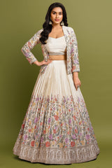 Cream Crepe Silk Pleated Resham Embroidered Crop Top Lehenga with Jacket