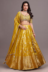 Yellow Tissue Floral Zari Weave and Scalloped Neckline Lehenga
