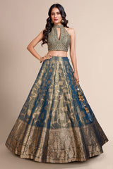 Prussian Blue and Gold Two Toned Tissue Floral Woven Halter Crop Top Lehenga