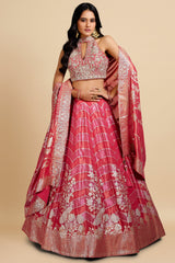 Red Tissue Scalloped and Zari Weave Lehenga with Halter Neck Blouse