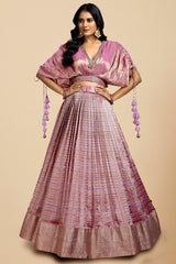 Purple Two Toned Pleated Zari Weave V Neck Kimono Sleeve Crop Top Lehenga