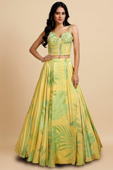 Yellow Crepe Silk Sweet Heart Neck Crop Top and Floral Printed Lehenga