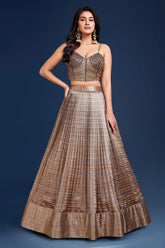 Multi Colored Zari Weave Tissue Pentagon Neck Crop Top and Pleated Lehenga