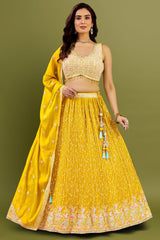 Yellow Chinon Embroidery Sequin Worked Pleated Lehenga