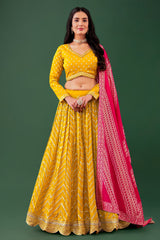 Yellow Georgette Sequinned Pleated Lehenga with Scallop Border