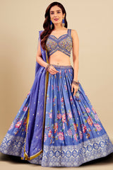 Cornflower Blue Chiffon Silk Floral Digital Print Lehenga with Mirror and Sequin Work Waistline