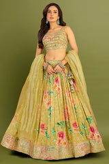 Flax Yellow Art Silk Floral Printed Lehenga
