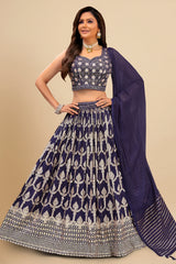 English Violet Purple Pleated Zari Woven Lehenga with Sequin Embroidery Border