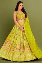 Greenish Yellow Georgette Floral Digital Printed Lehenga with Mirror Work Waistline