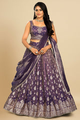 Cyber Grape Purple Tissue Paisley Woven Butta Pleated Lehenga