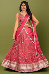 Fiery Rose Pink Tissue Pleated Lehenga with Attached Dupatta