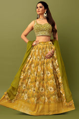 Ochre Yellow Georgette Floral Printed Flared Lehenga