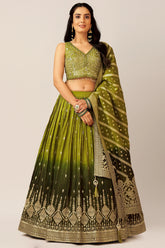 Green Ombre Chinon Sequin Embroidered Pleated Lehenga - red saree embroidered