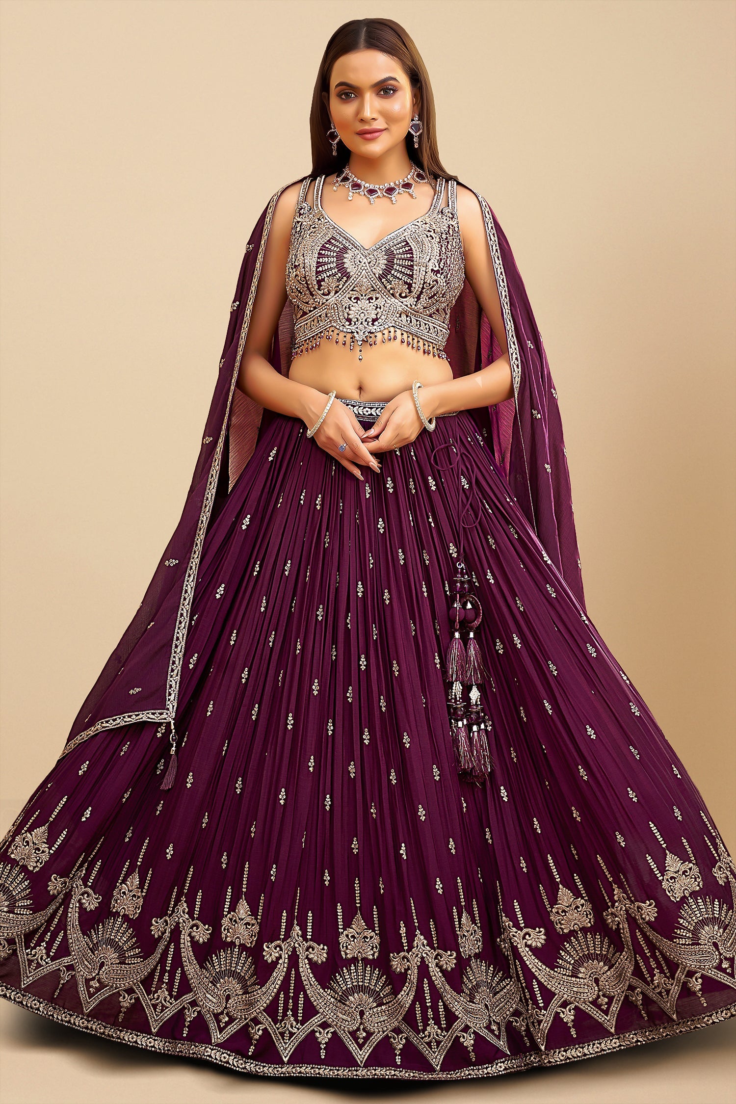 Wine Purple Georgette Sequin Embroidered Pleated Flared Lehenga - red georgette saree embroidered