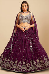 Wine Purple Georgette Sequin Embroidered Pleated Flared Lehenga - red georgette saree embroidered