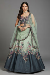 Mint Green and Blue Raw Silk Floral Embroidered Lehenga