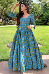 Light Blue Cotton Paisley Printed Kurti - blue cotton saree