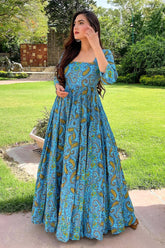 Light Blue Cotton Paisley Printed Kurti - blue cotton saree