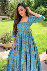 Light Blue Cotton Paisley Printed Kurti - blue cotton saree