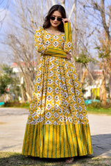 Yellow Muslin Printed Anarkali Kurti