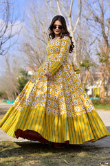 Yellow Muslin Printed Anarkali Kurti