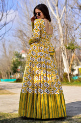 Yellow Muslin Printed Anarkali Kurti - yellow muslin saree