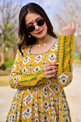 Yellow Muslin Printed Anarkali Kurti