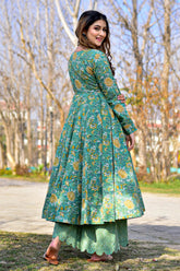 Sea Green Cotton Silk Printed Anarkali Kurti with Palazzo - green silk saree