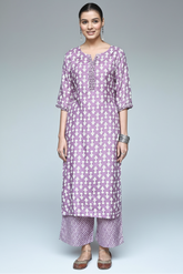 Purple Muslin Printed Kurti with Palazzo