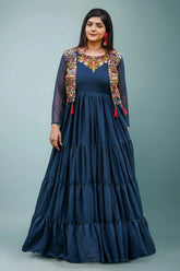 Blue Flared Anarkali Kurti in Georgette with Embroidery - red georgette saree embroidery