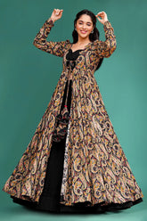 Black Crop Top Lehenga Set in Georgette with Paisley Motifs Long Shurg